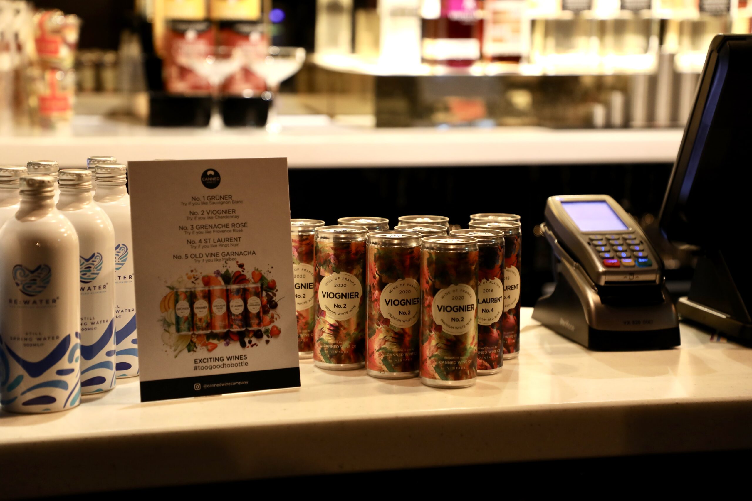 Canned Wine Co. range on the bar at the theatre kiosk