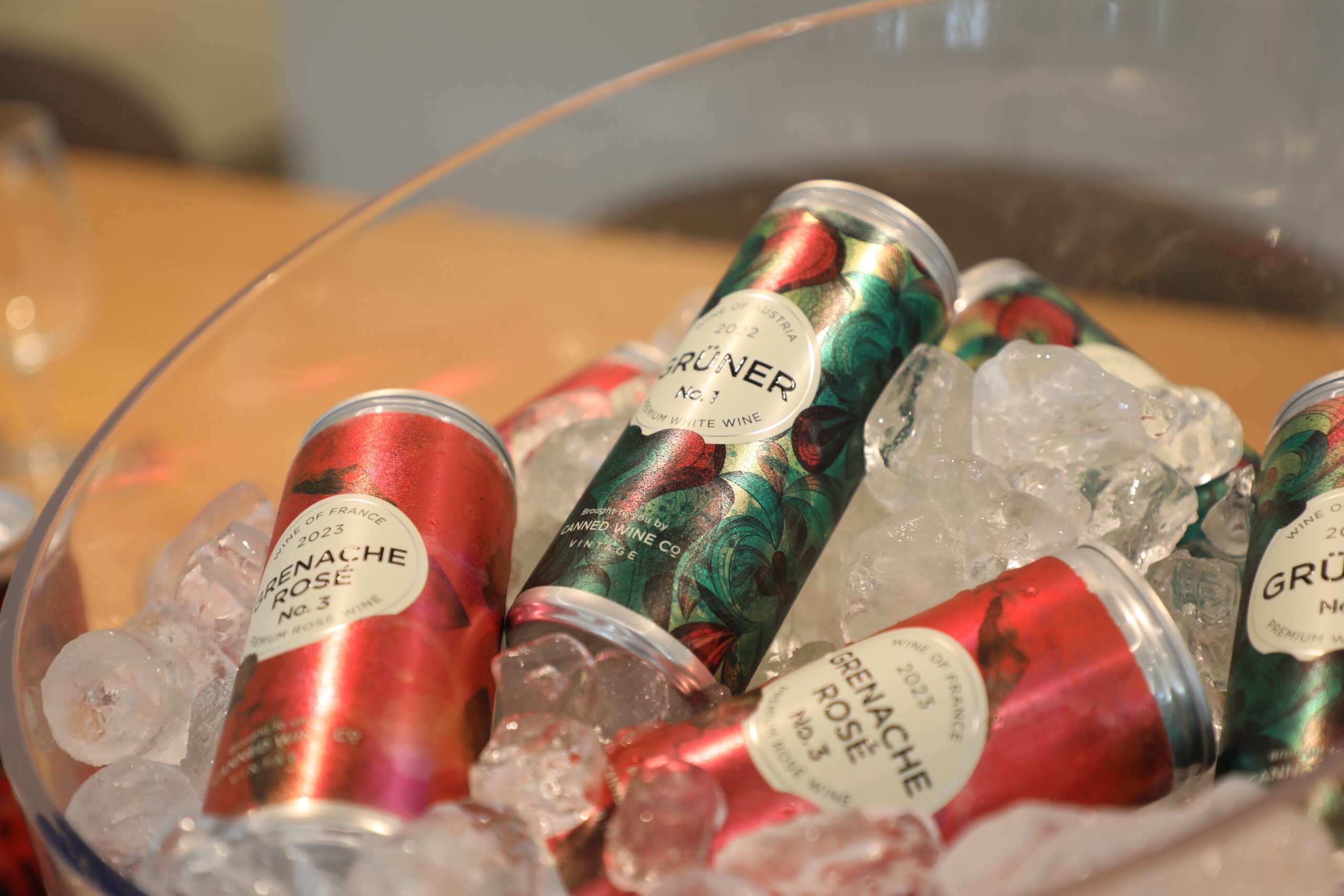 The Gruner Veltliner and Grenache Rose wines from Canned Wine Co. sit cooling on ice for the Aston Martin event.