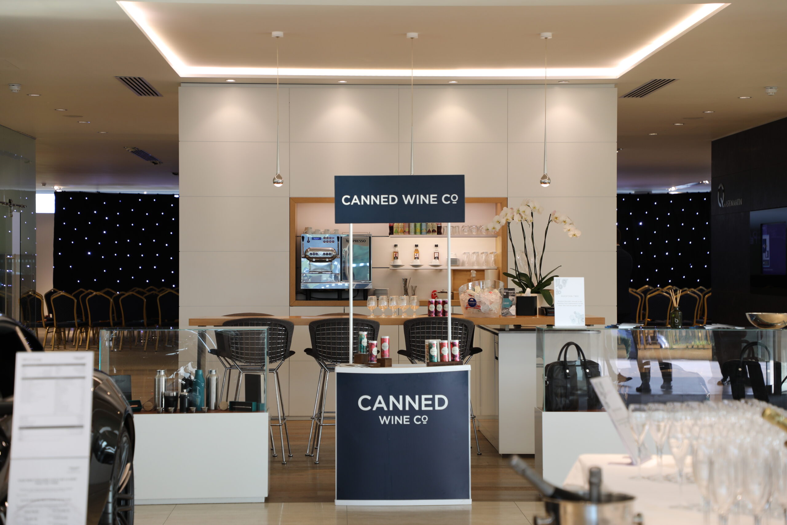 Canned Wine Co. set up and ready to go at the Aston Martin showroom in Bristol.