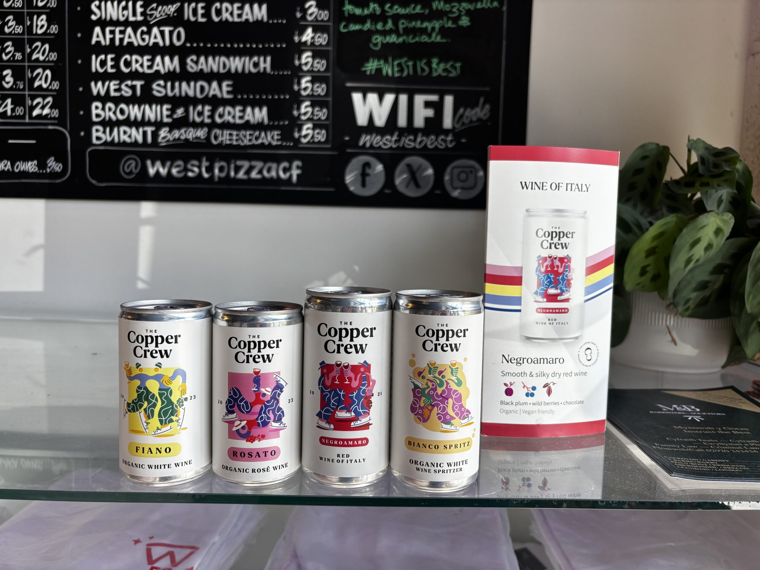 The Copper Crew canned wines at West Pizza in Cardiff, Wales.