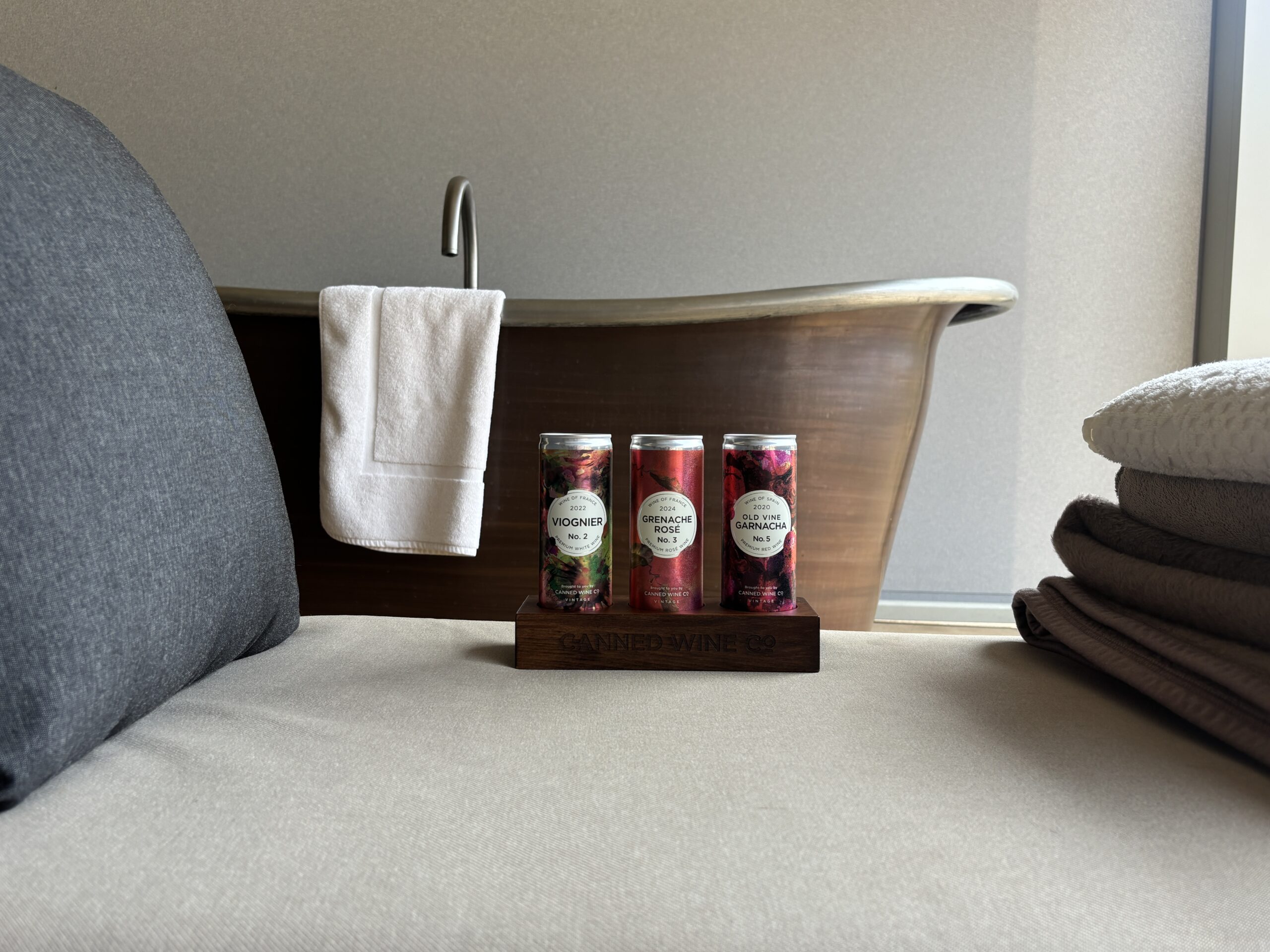 Beautifully designed wines with the Canned Wine Co., served at Pennyhill Park hotel.