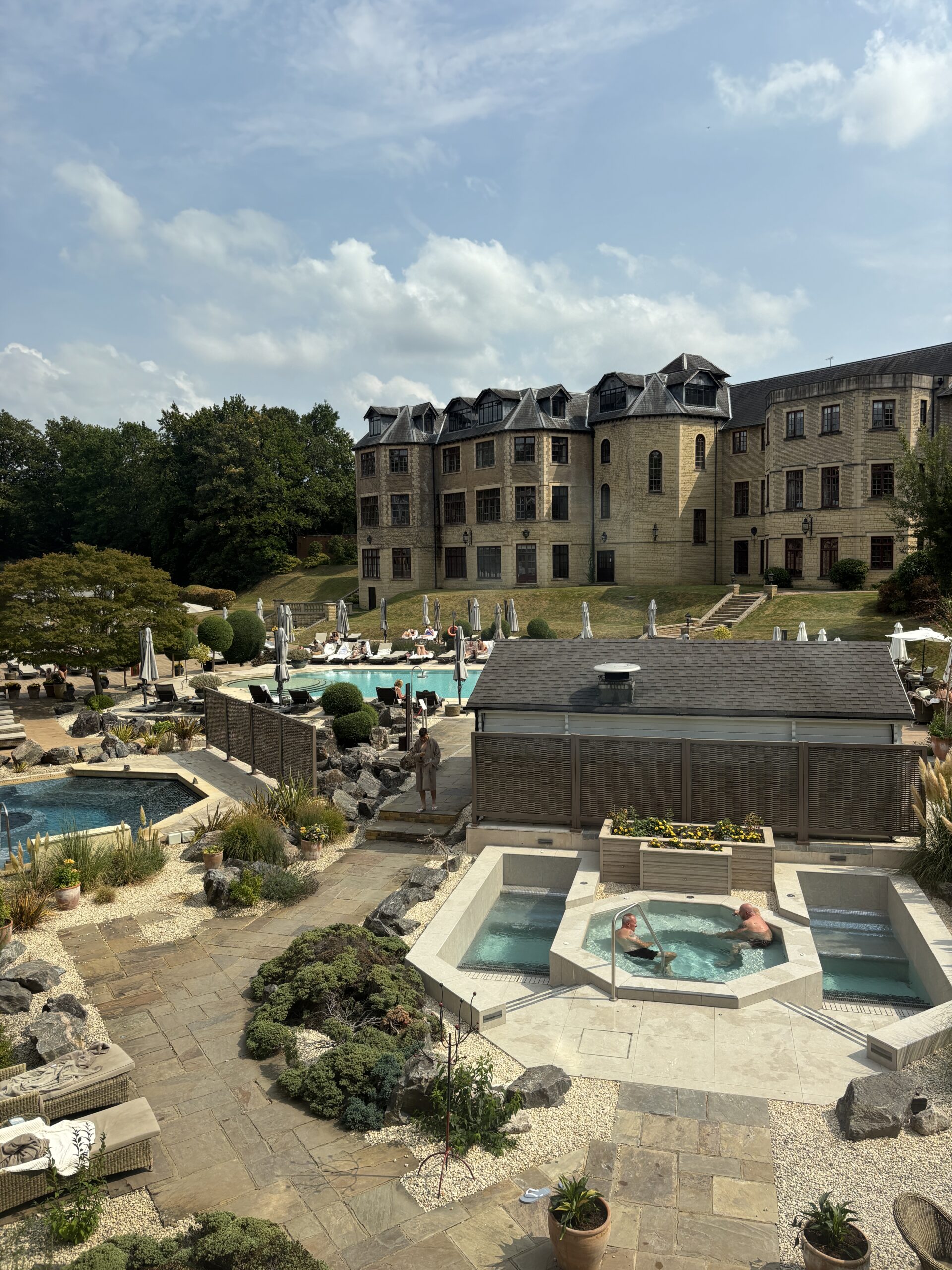 View of the Pennyhill Park outdoor spa and pool areas.